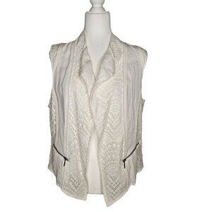 Chico's Linen Crocheted Lace Mix Vest, Zipper Pockets Size 1 Medium 8/10 White